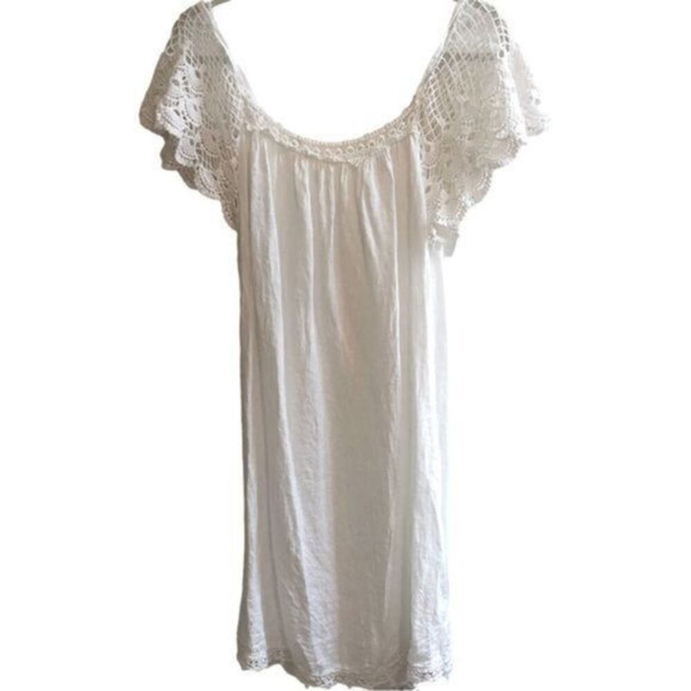 Linen Lightweight White Mini Dress With Crochet Details - Picture 2 of 6